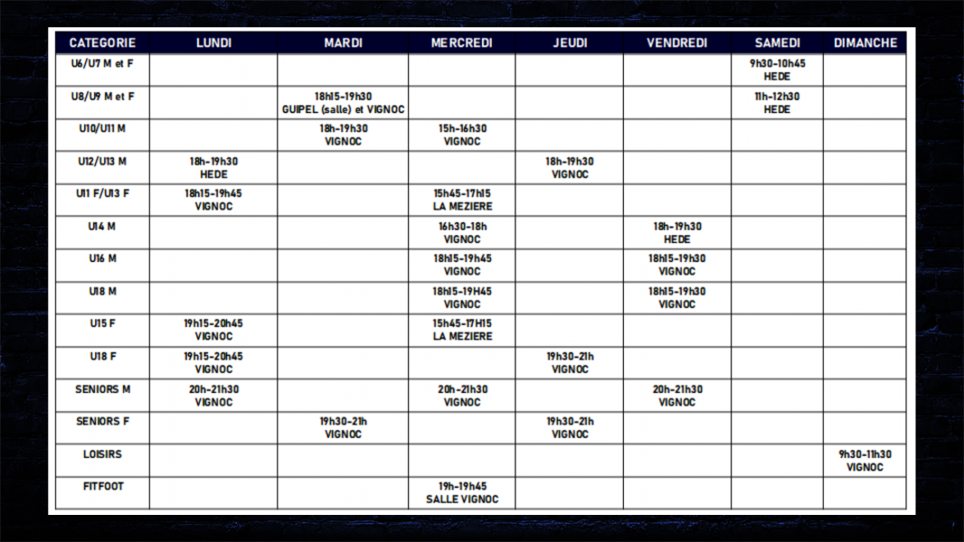 Planning entrainements Planning entrainements